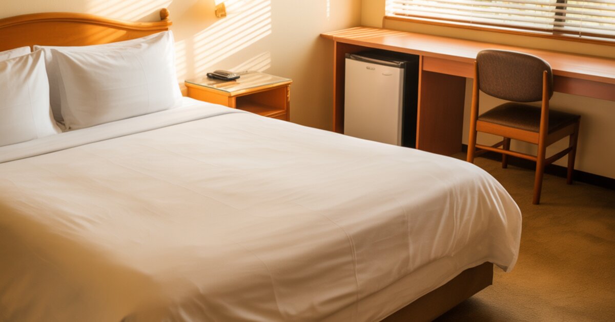 Clean budget-friendly motel single room with queen bed and warm lighting