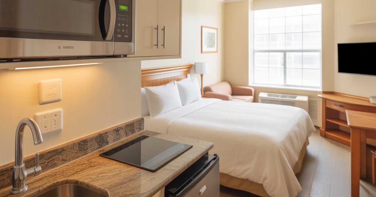 Spacious extended-stay studio suite with queen bed, kitchenette, and desk workspace